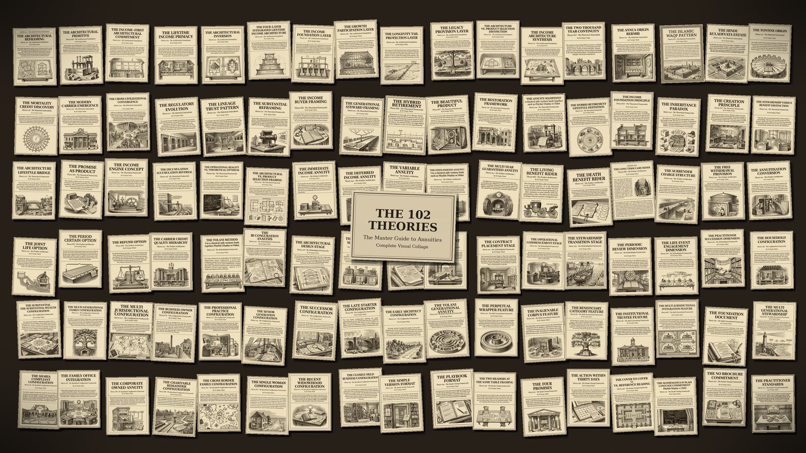 Cinematic collage of all 102 theory cards from The Master Guide to Annuities